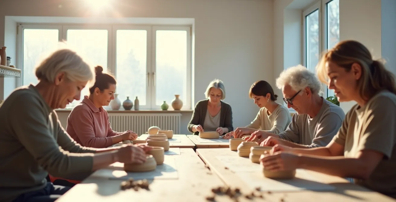 Gruppe verschiedenaltriger Menschen in einem hellen VHS-Kursraum beim gemeinsamen Lernen