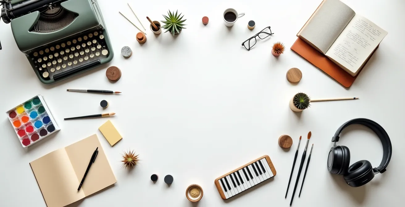 Kreative Werkzeuge und Materialien für verschiedene künstlerische Medien