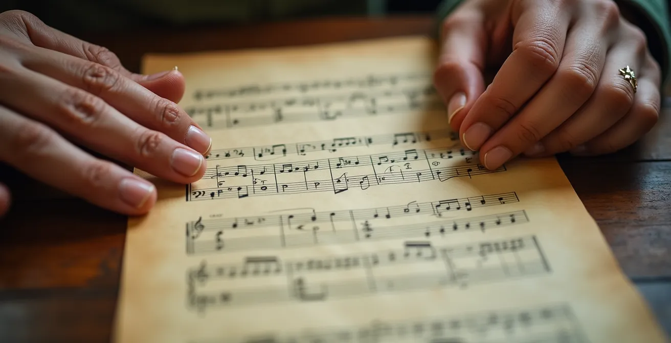 Nahaufnahme von Händen mit historischen Wagner-Partituren und Notizen zu Leitmotiven