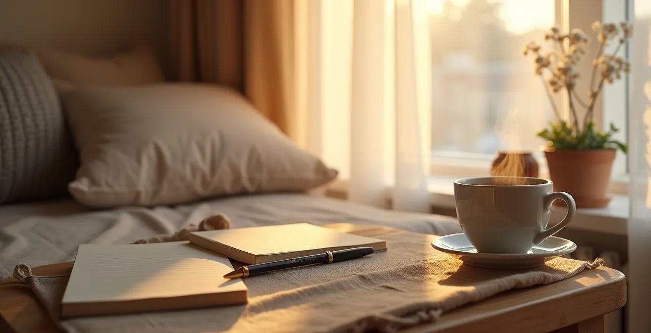 Eine ruhige Morgenroutine mit Meditationskissen, Tagebuch und einer Tasse Kaffee, die emotionale Stabilität symbolisiert.